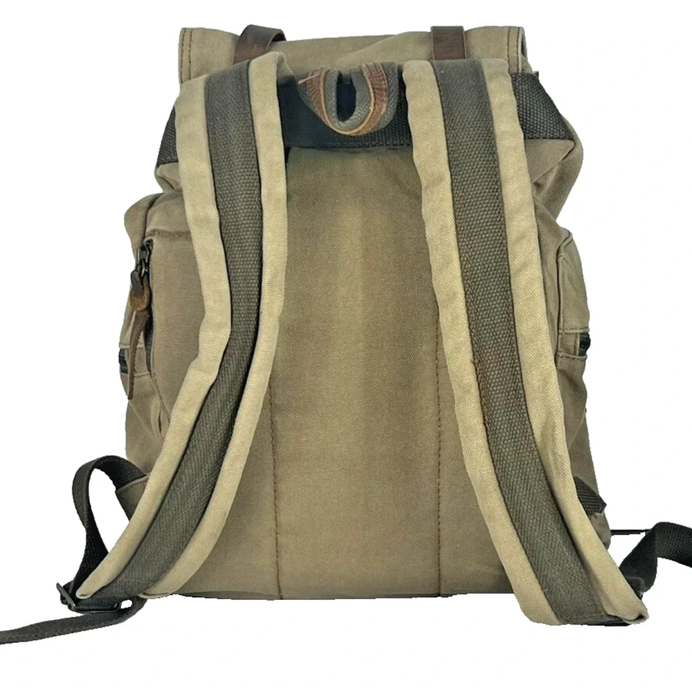 Augur Strauss Backpack Laptop Canvas Drawstring Leather Trim Boho Hiking Unisex
